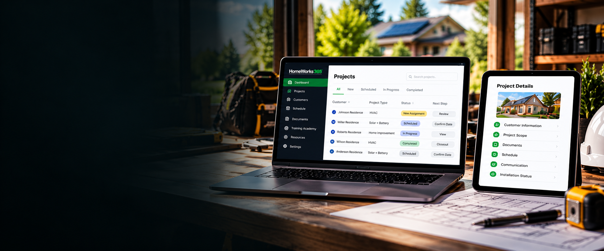 HomeWorks365 partner platform shown on laptop and tablet at a job site