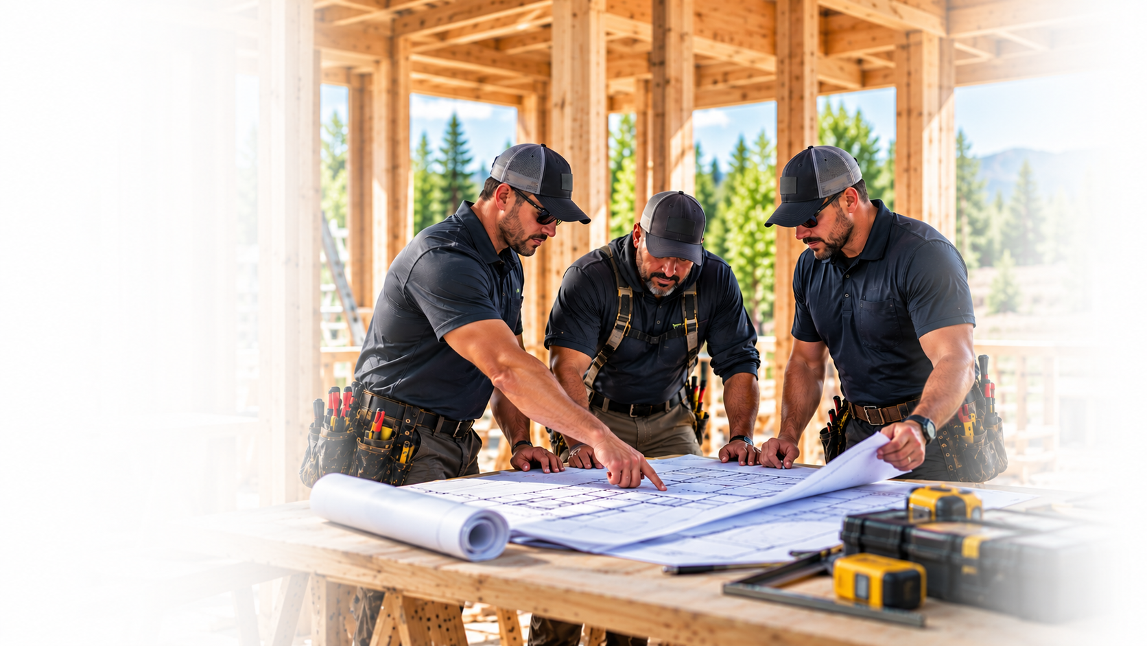 HomeWorks365 installation professionals reviewing blueprints on job site