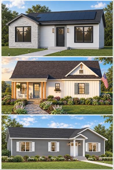 Three ADU mini home designs — modern, farmhouse, and ranch styles
